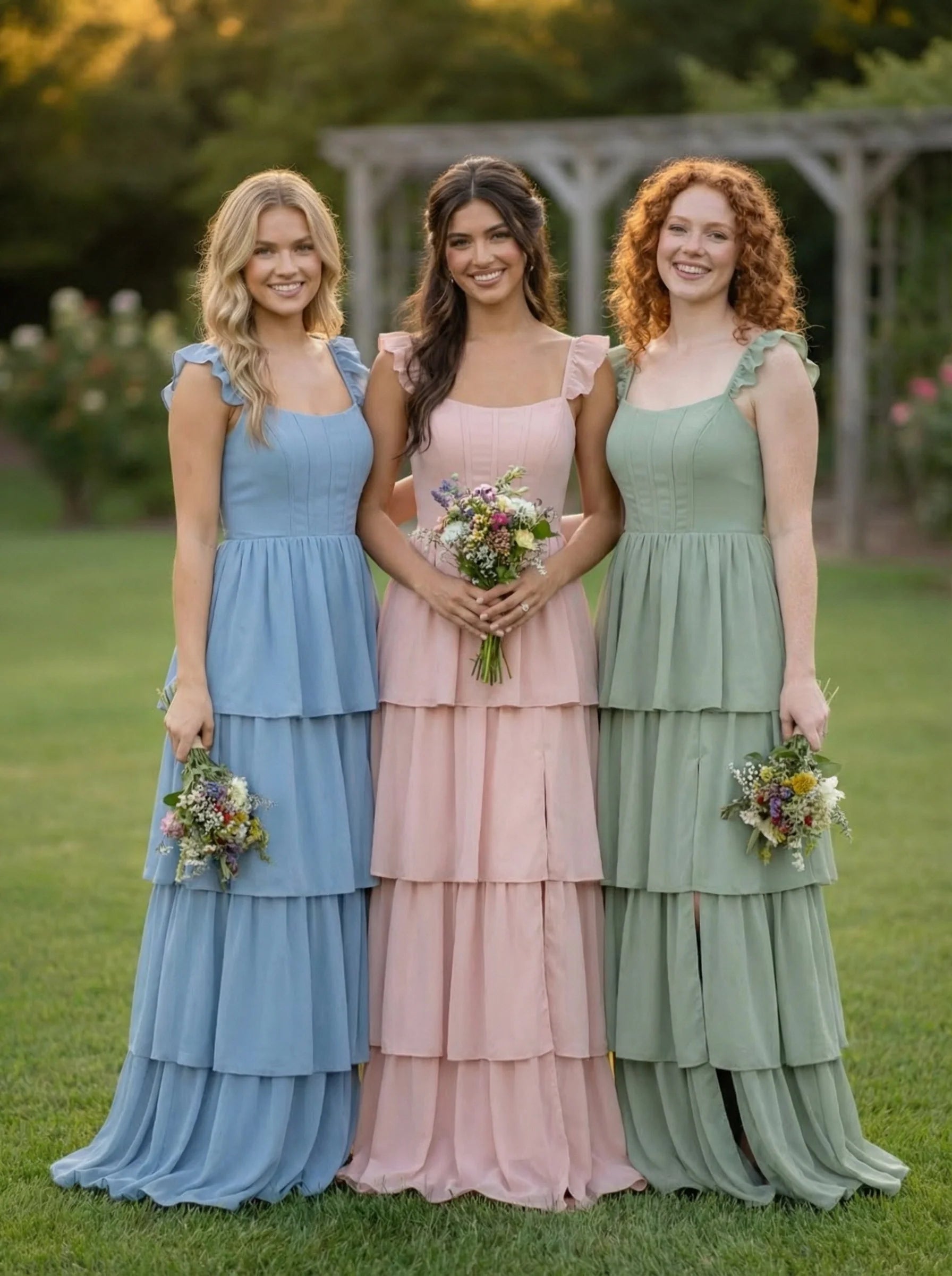 Chiffon A Line Square Neck Tiered Bridesmaid Dresses