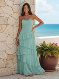 A Line Sweetheart Sleeveless Long Bridesmaid Dresses with Ruffles