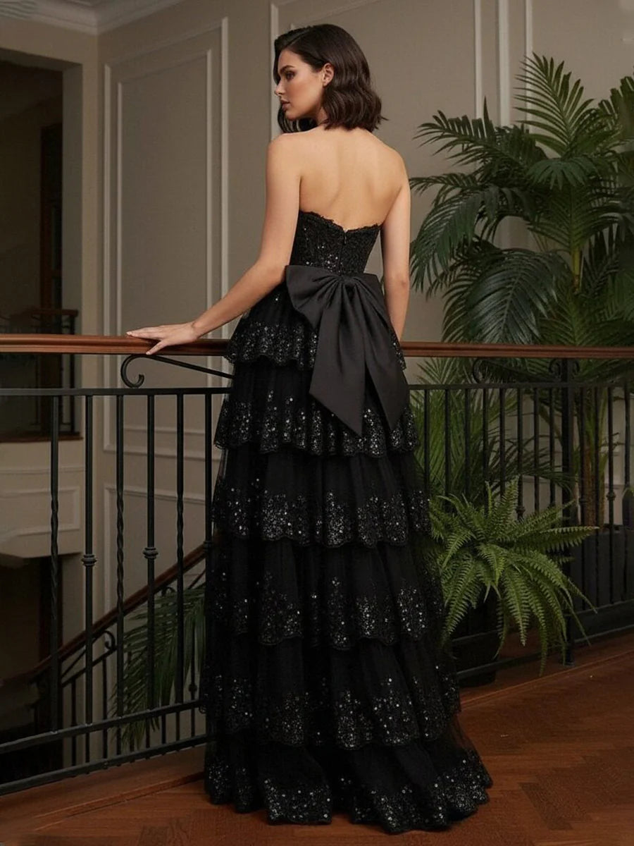 Tulle A Line Sweetheart Sequin Prom Dresses