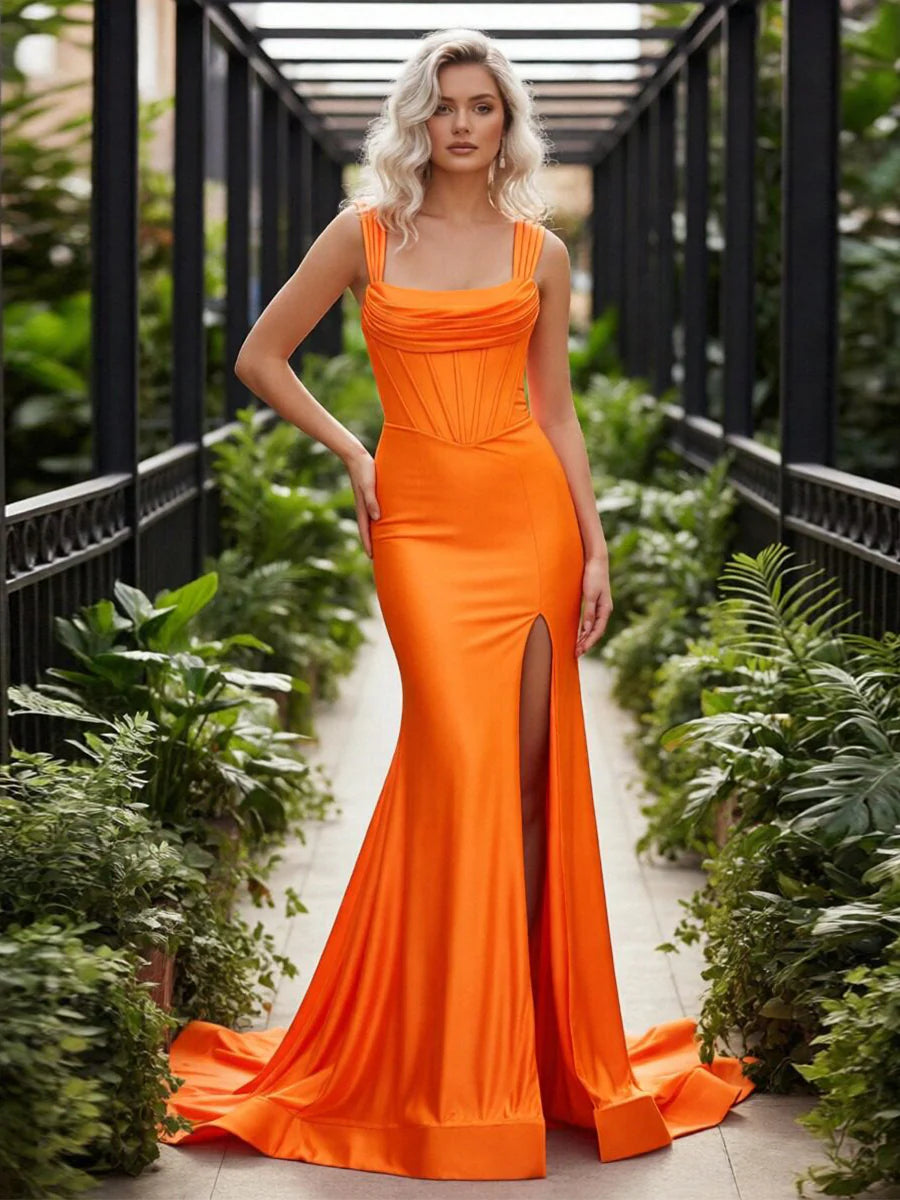 Cowl Neck Satin Mermaid Prom Dresses with Slit