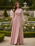 Chiffon Long Sleeves Jewel Neck Bridesmaid Dresses with Slit