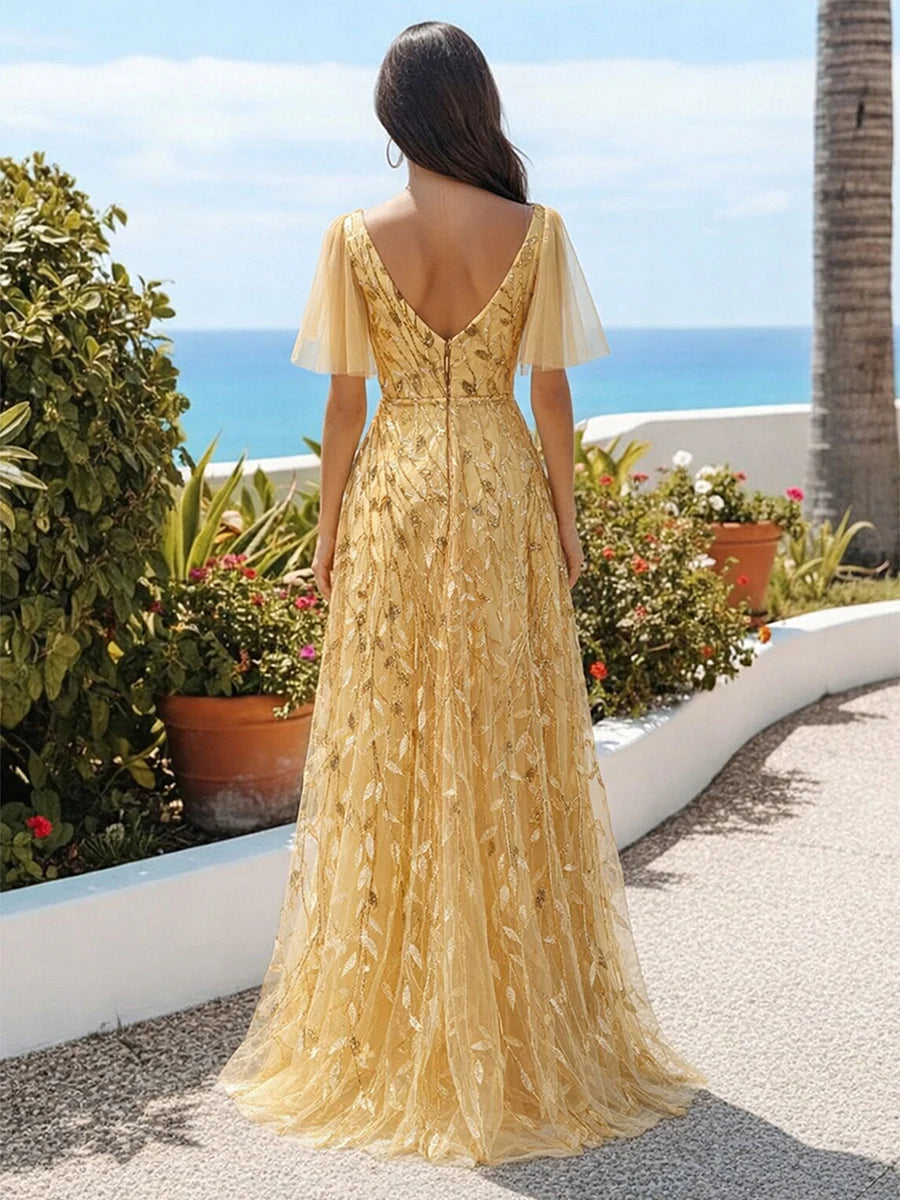 A Line Short Sleeves Long Tulle Prom Dresses with Split Side