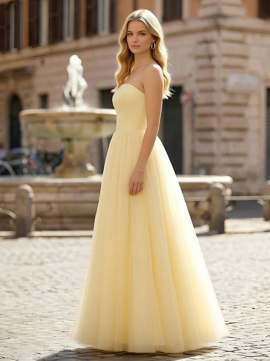 Strapless Satin A Line Tulle Prom Dresses