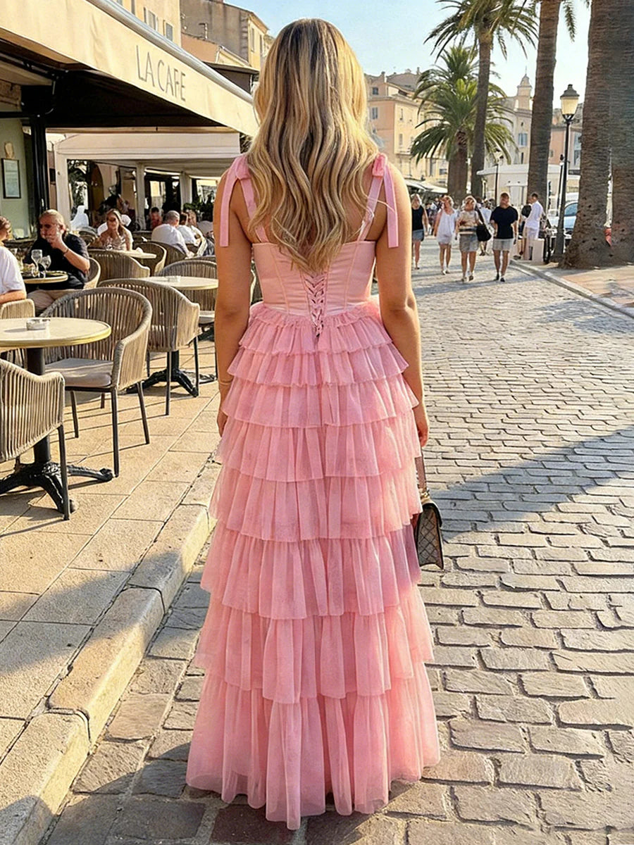Tulle A Line Square Neck Tiered Formal Dresses