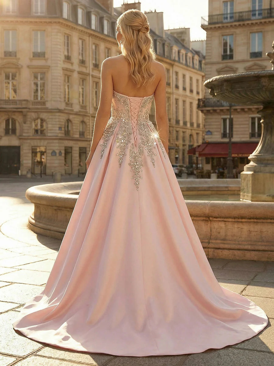 Strapless Glitter Beaded Satin A Line Prom Dress