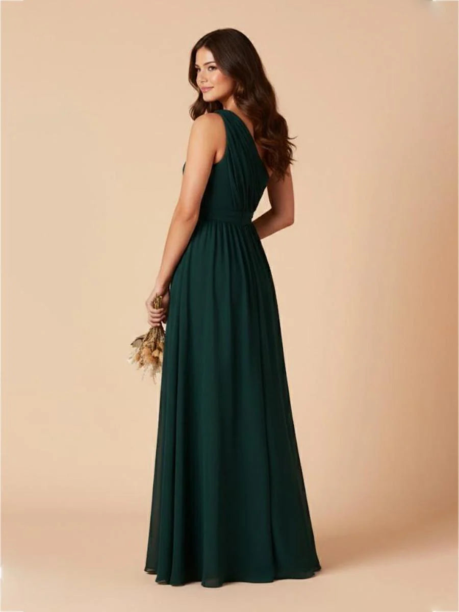Chiffon One Shoulder Pleated Bridesmaid Dresses with Slit