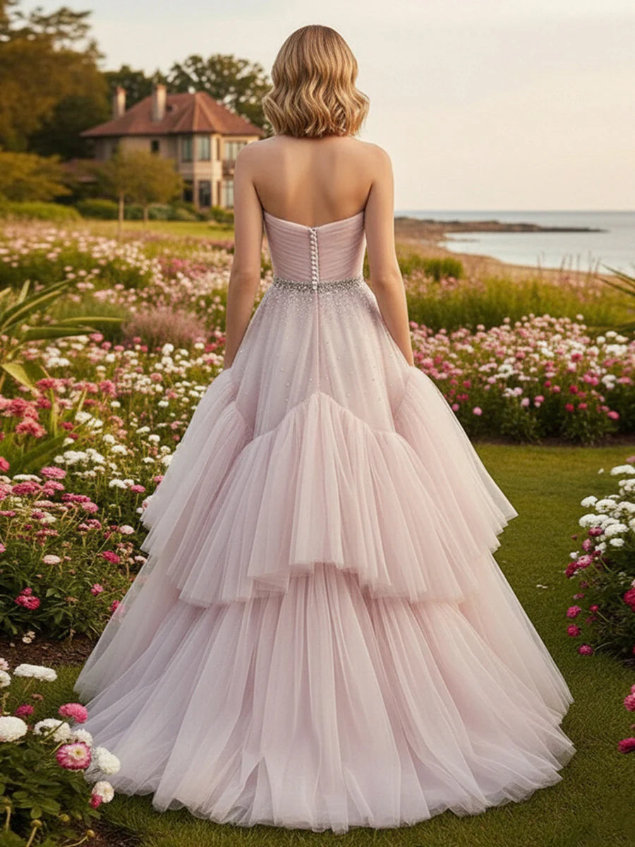 Tulle A Line Sweetheart Tiered Prom Dresses