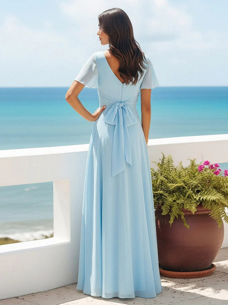 A Line V Neck Short Sleeves Bridesmaid Dresses with Split Side