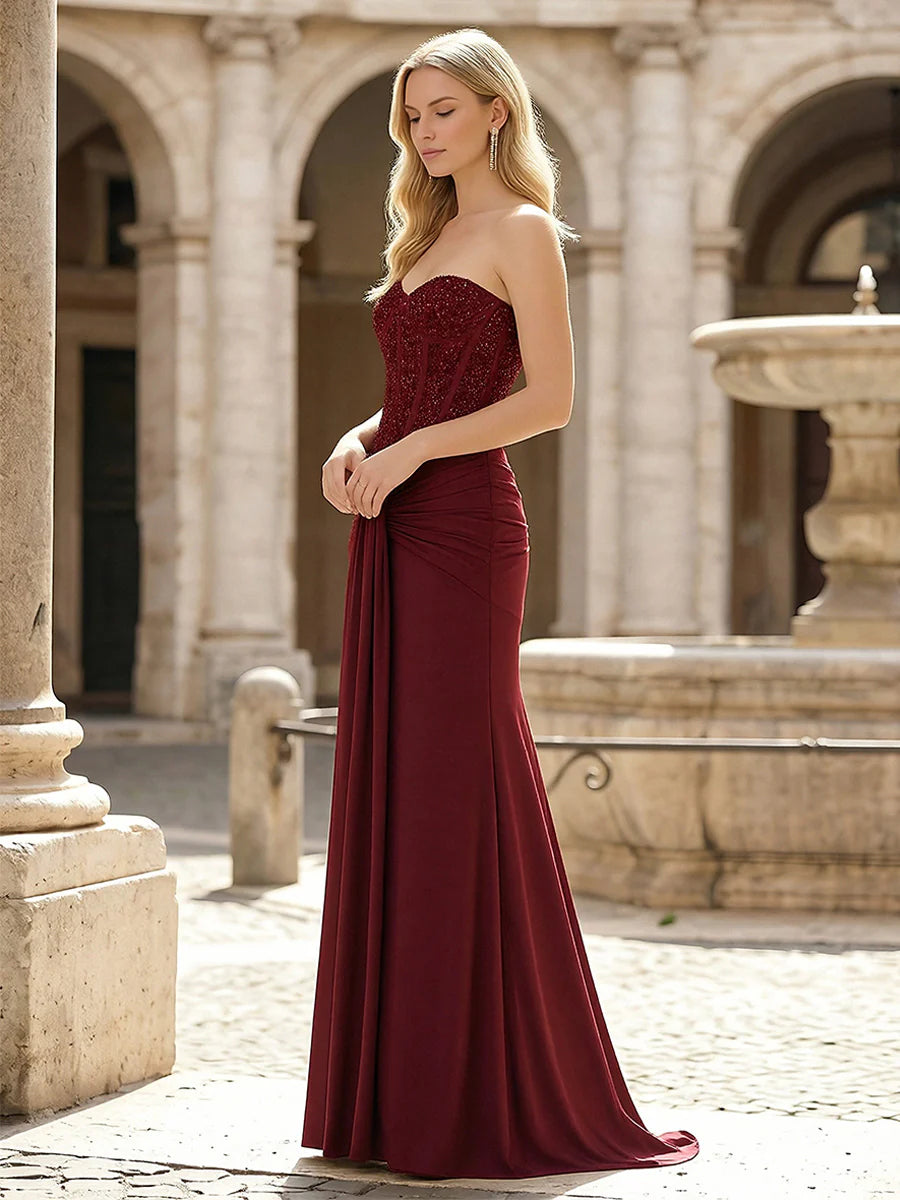 Strapless Sequin Pleated Chiffon Mermaid Pleated Prom Dresses