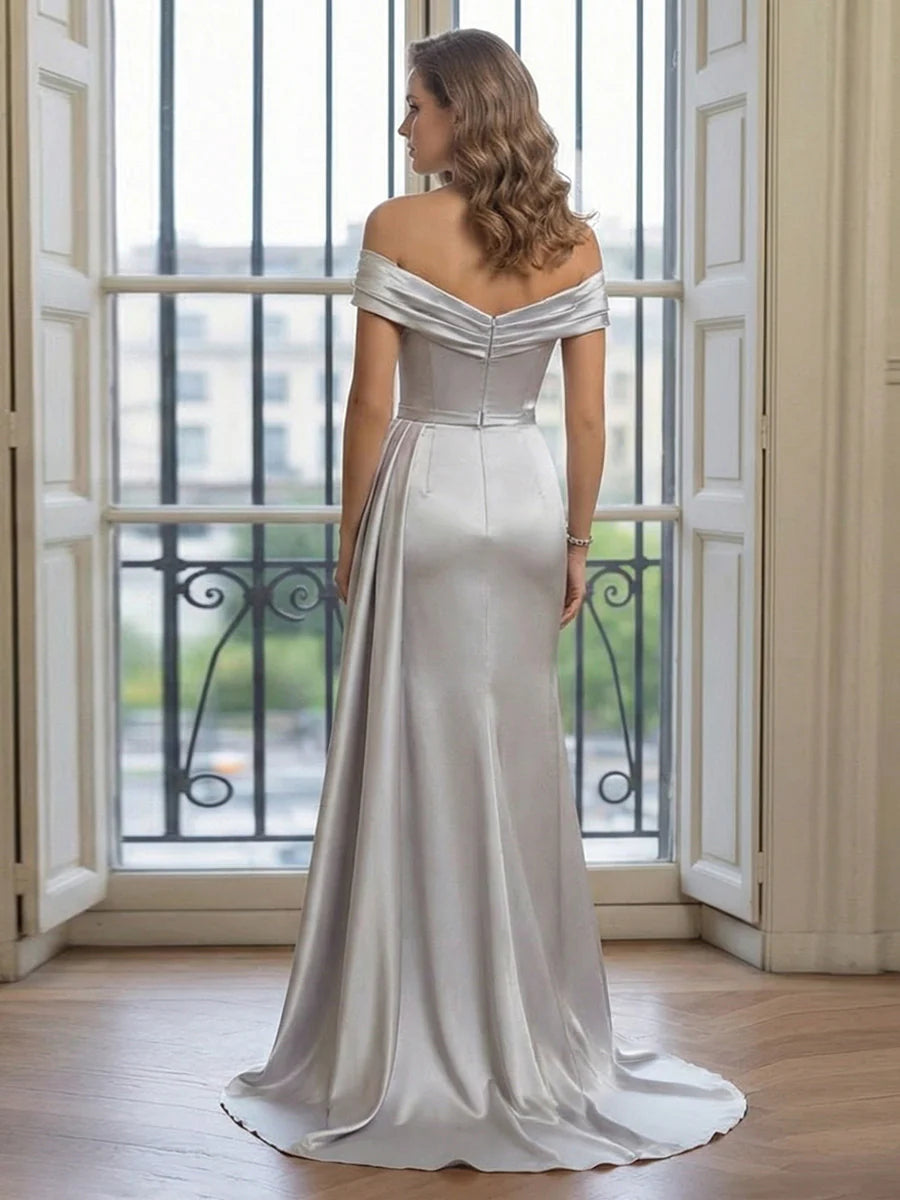 Off the Shoulder Satin Mermaid Prom Dresses with Slit