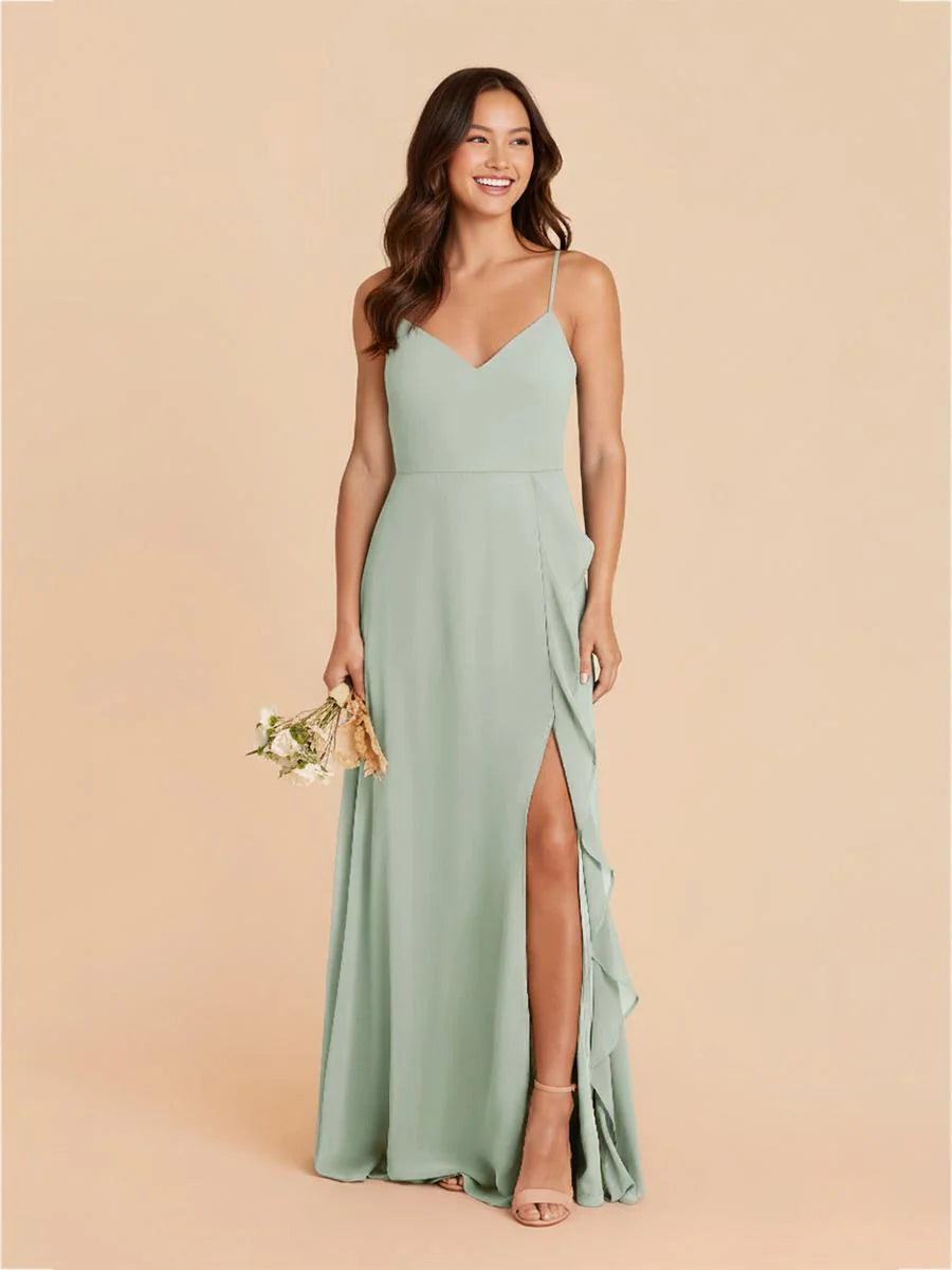 Chiffon Spaghetti Straps Ruffles Bridesmaid Dresses with Slit