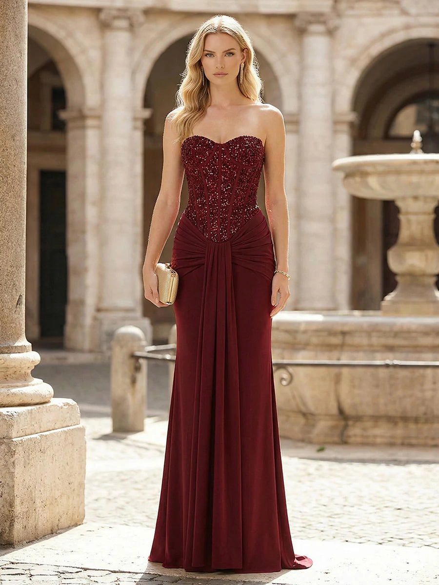 Strapless Sequin Pleated Chiffon Mermaid Pleated Prom Dresses