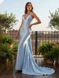Satin Mermaid Halter Backless Prom Dresses