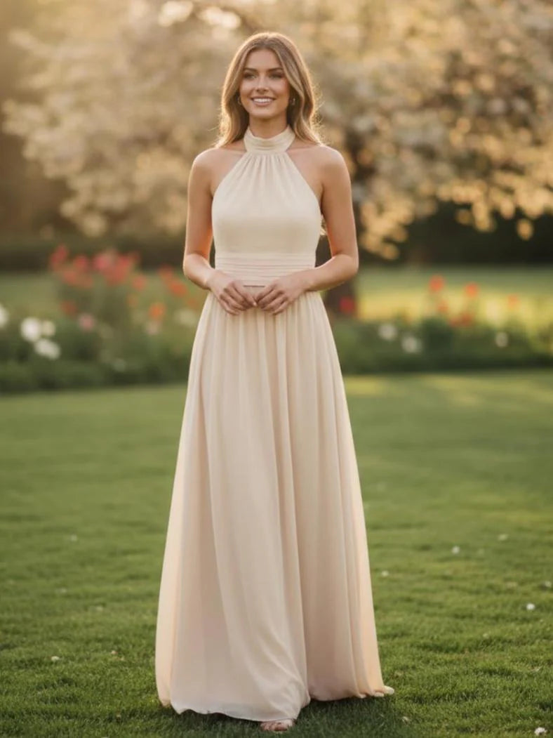 Chiffon Halter Pleated A Line Bridesmaid Dresses