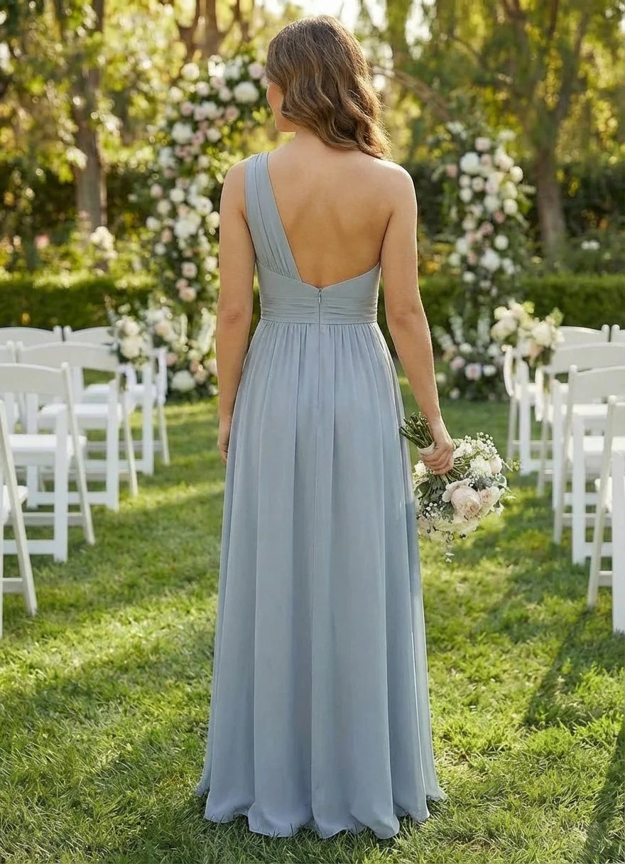 Chiffon A Line One Shoulder Pleated Bridesmaid Dresses