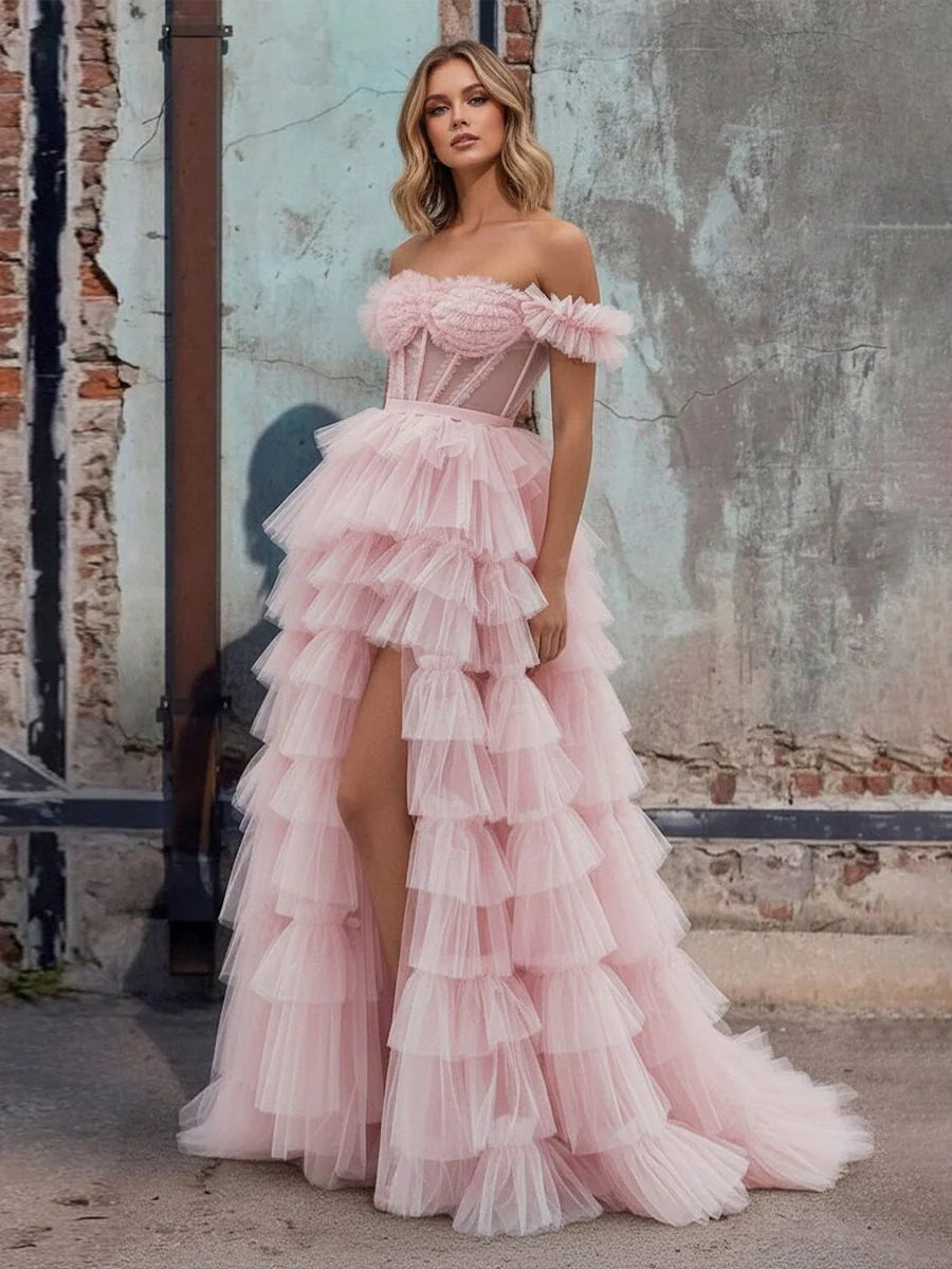Off the Shoulder Tulle Prom Dresses with Slit