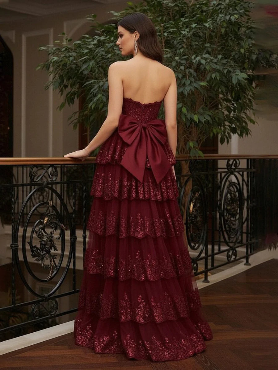 Tulle A Line Sweetheart Sequin Prom Dresses