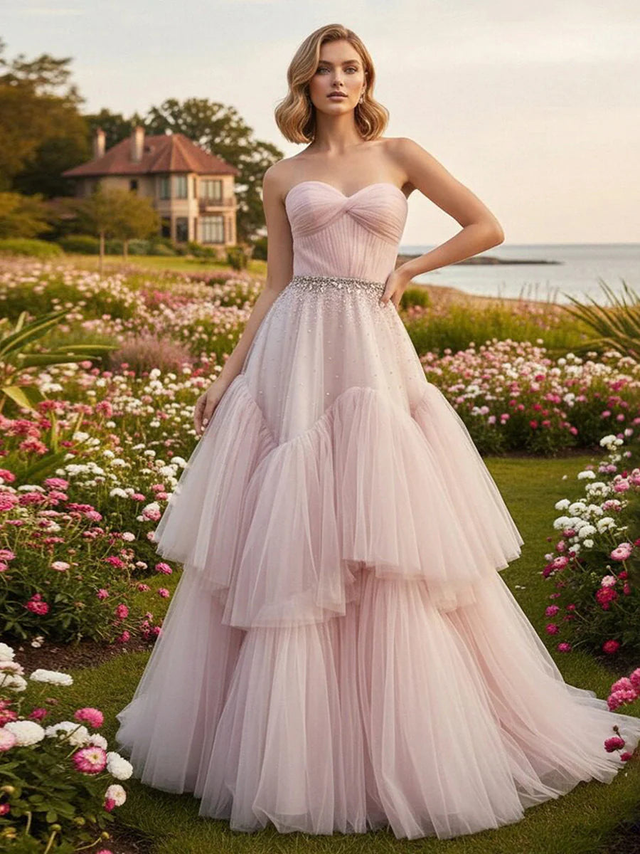 Tulle A Line Sweetheart Tiered Prom Dresses