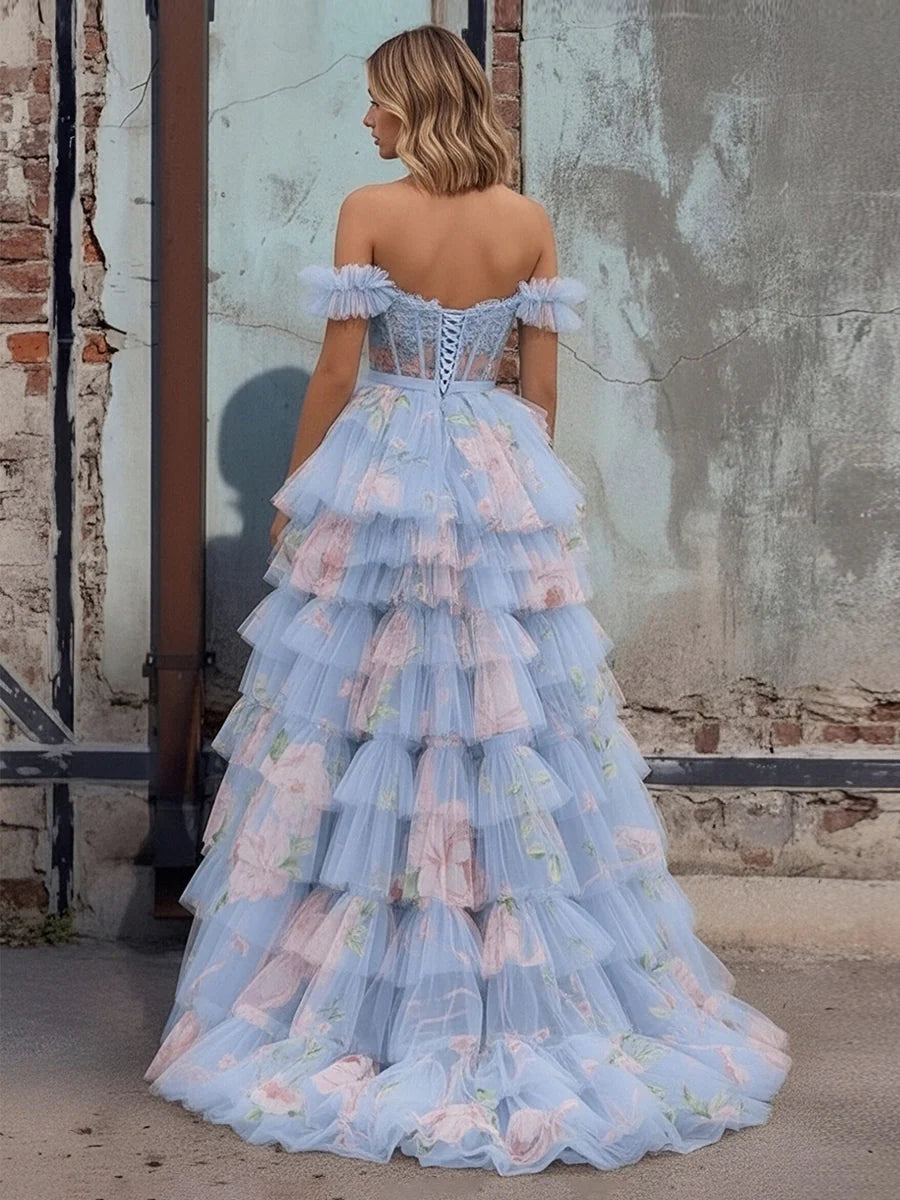 Off the Shoulder Floral Tulle Prom Dresses with Slit