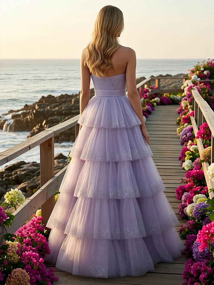 Glitter Strapless Tiered Tulle A Line Prom Dresses
