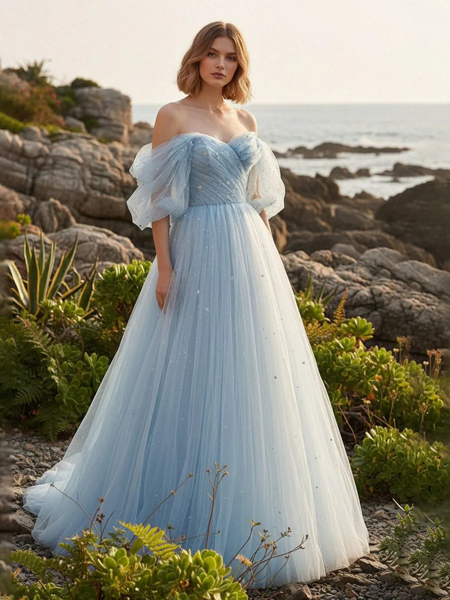Tulle A Line Off the Shoulder Sequin Prom Dresses