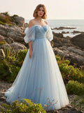 Tulle A Line Off the Shoulder Sequin Prom Dresses