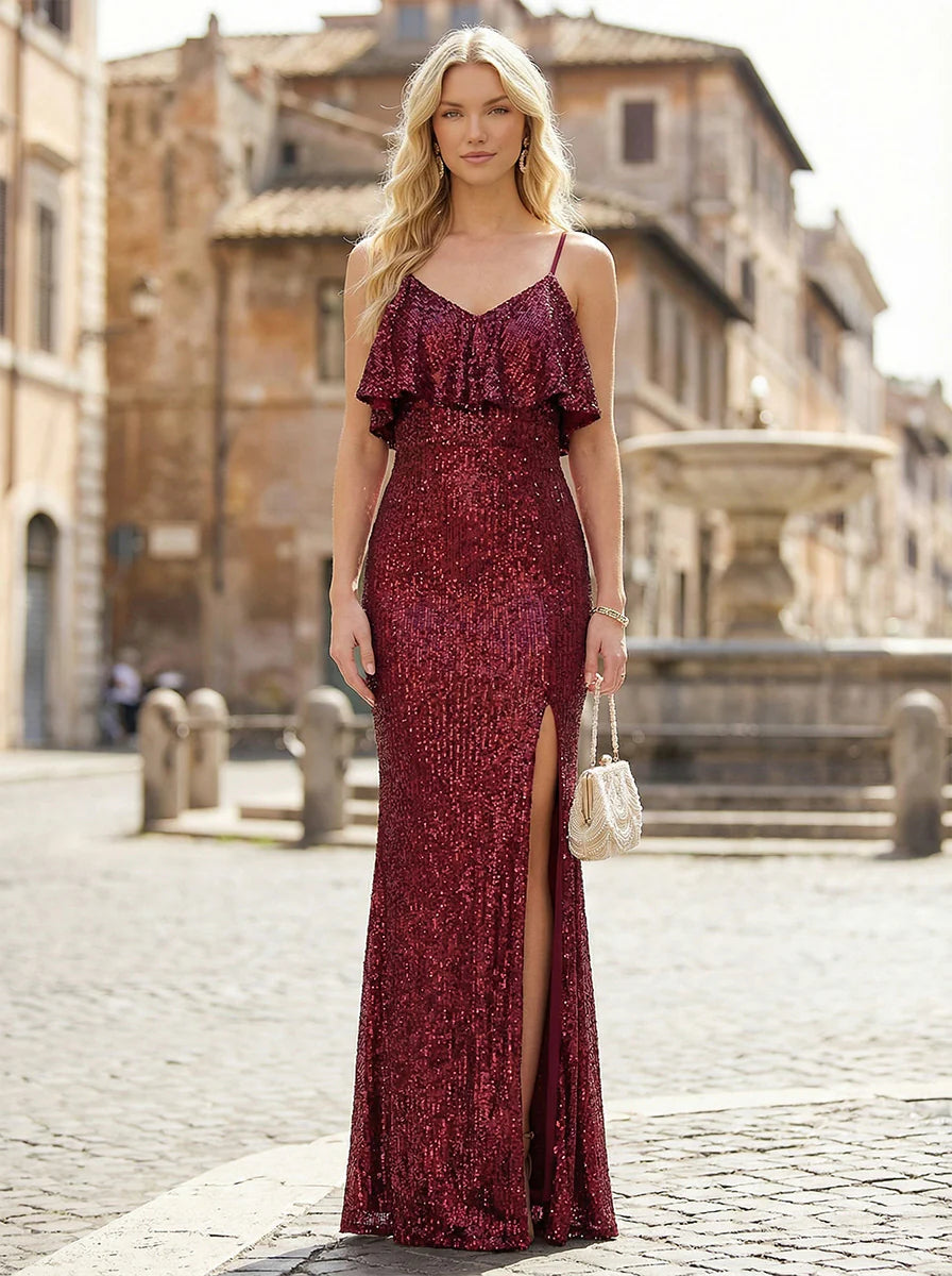Spaghetti Straps Sequin Prom Dresses with Slit