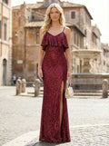 Spaghetti Straps Sequin Prom Dresses with Slit