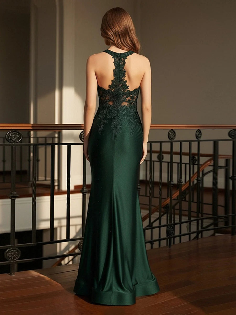 Halter Lace Appliques Mermaid Prom Dresses