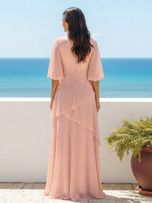 A Line Scoop Half Sleeves Simple Mother of the Bride Dresses with Ruffles