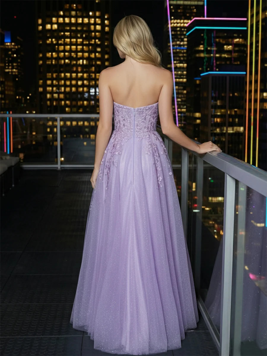 Tulle A Line Sweetheart Appliqued Prom Dresses with Pleats