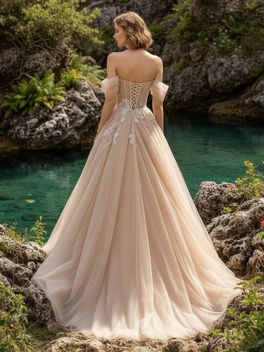 Satin A Line Off the Shoulder Applique  Prom Dresses