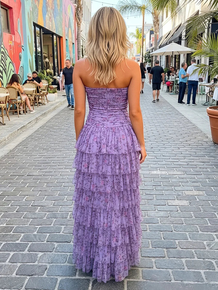 Chiffon A Line Strapless Floral Print Bridesmaid Dresses