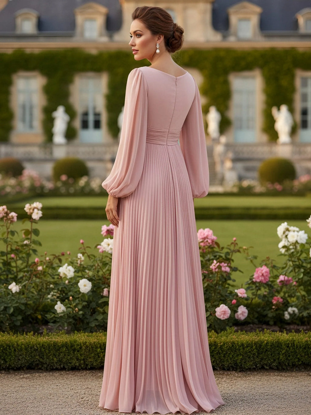 Chiffon Long Sleeves Jewel Neck Bridesmaid Dresses with Slit