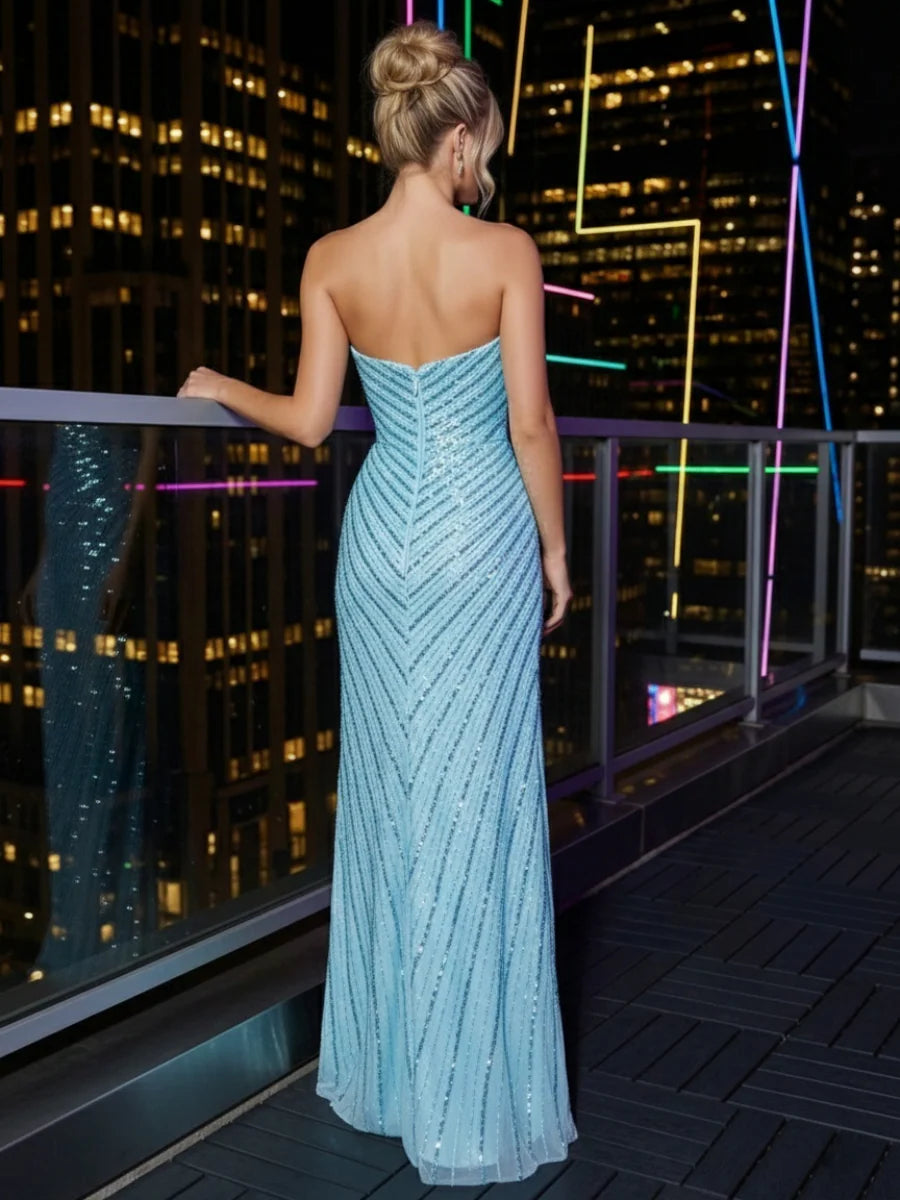 Strapless Bodycon Sequin Prom Dresses with Slit