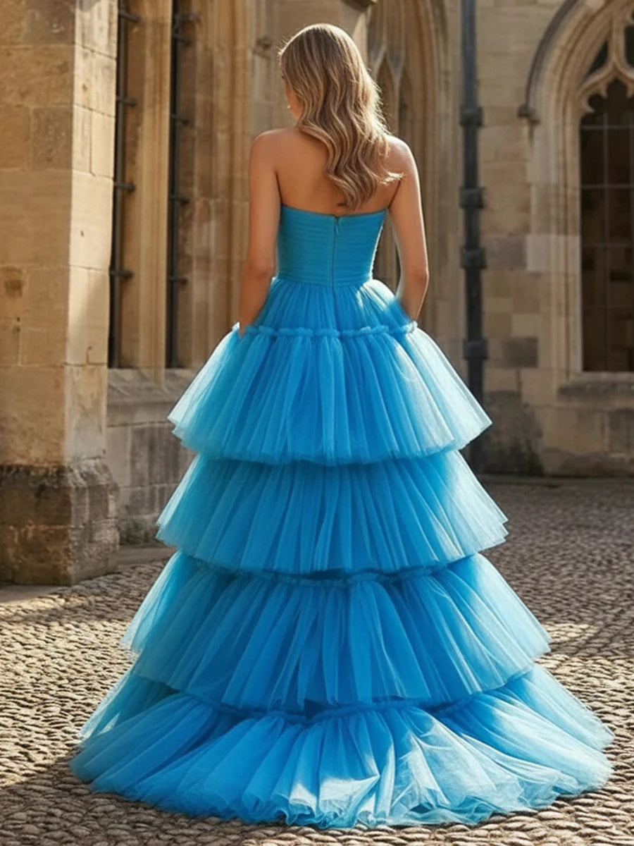 Strapless A Line Tiered Tulle Prom Dresses with Slit
