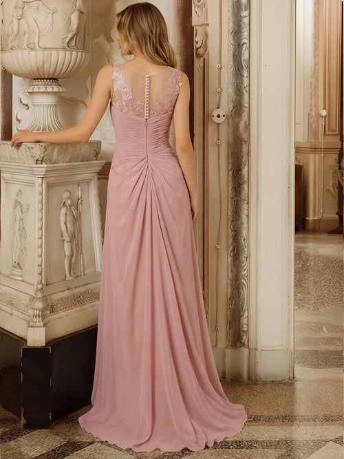 A Line Lace Applique Pleated Long Mother of the Bride Dresses