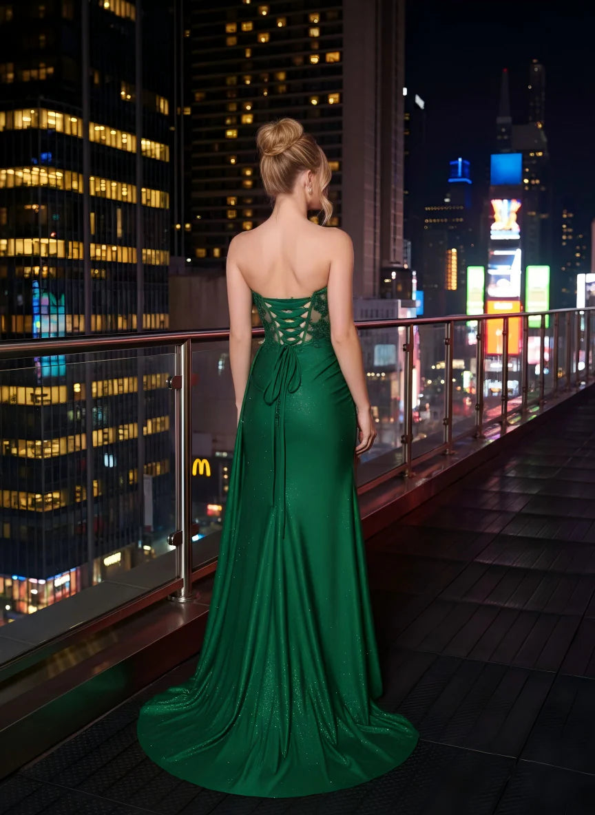 Glitter Lace Appliques Strapless Mermaid Prom Dresses with Slit