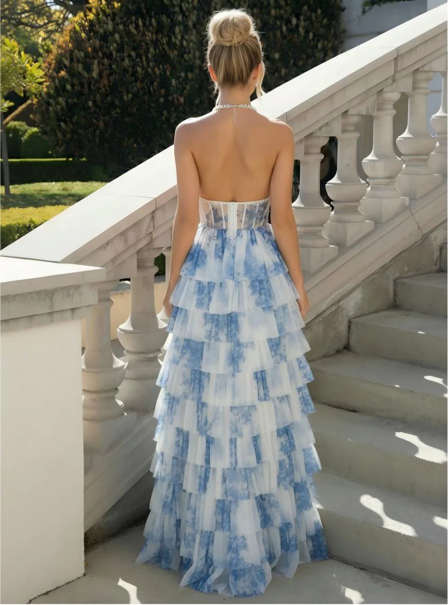 Chiffon A Line Halter Floral Print Prom Dresses