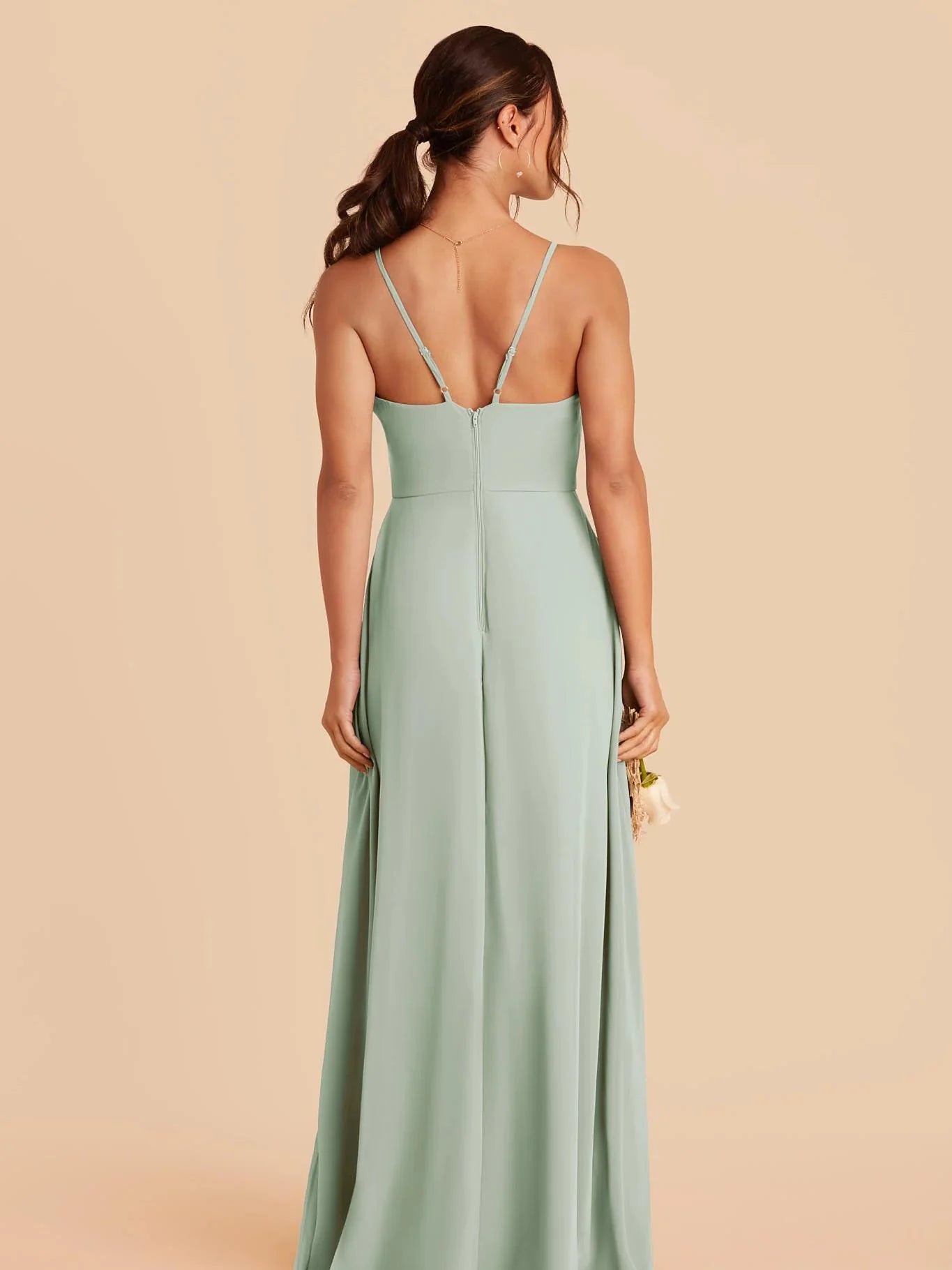 Chiffon Spaghetti Straps Ruffles Bridesmaid Dresses with Slit