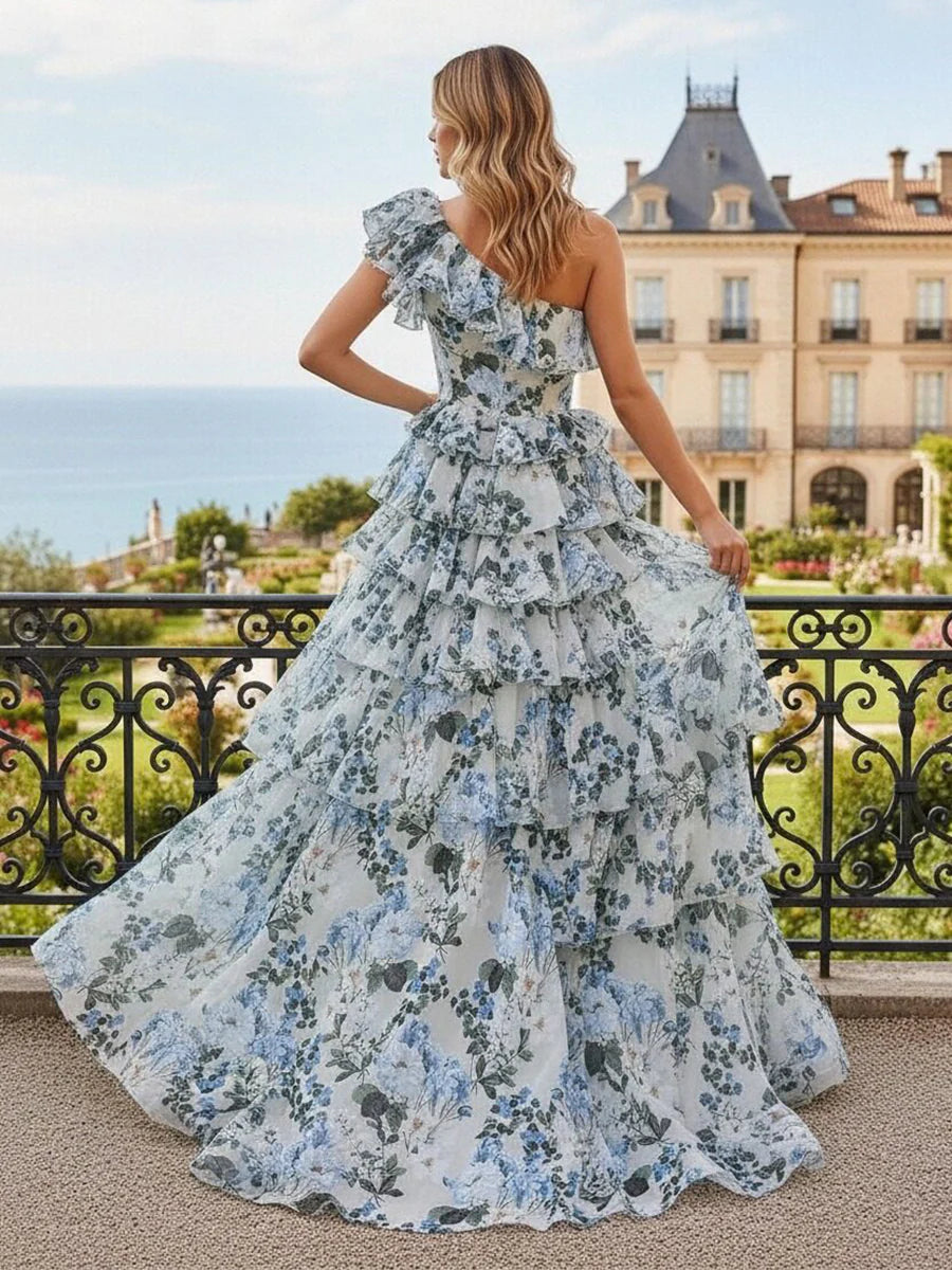 One Shoulder A Line Floral Chiffon Prom Dresses