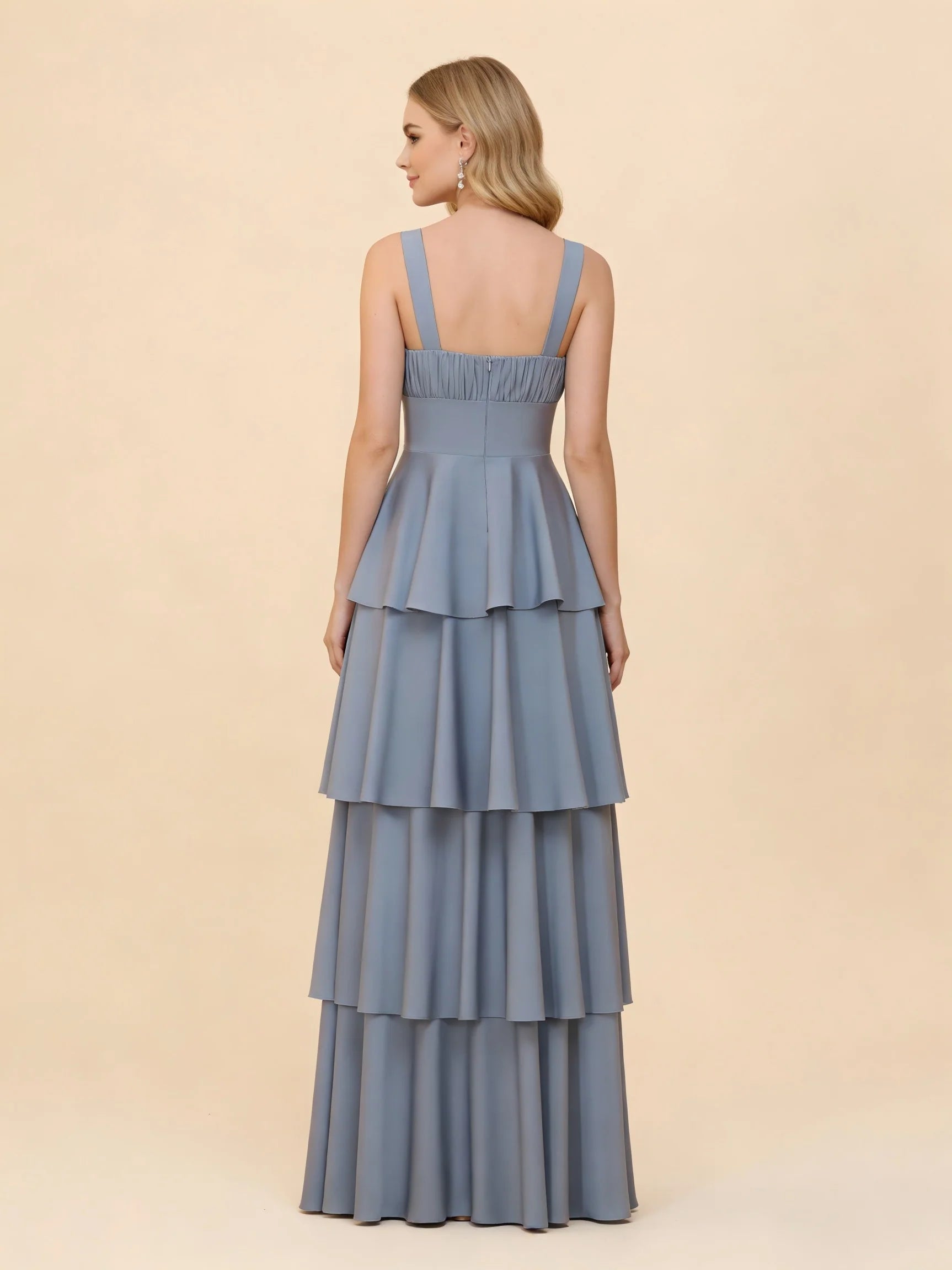 Spaghetti Straps Tiered Satin Bridesmaid Dresses with Ruffles