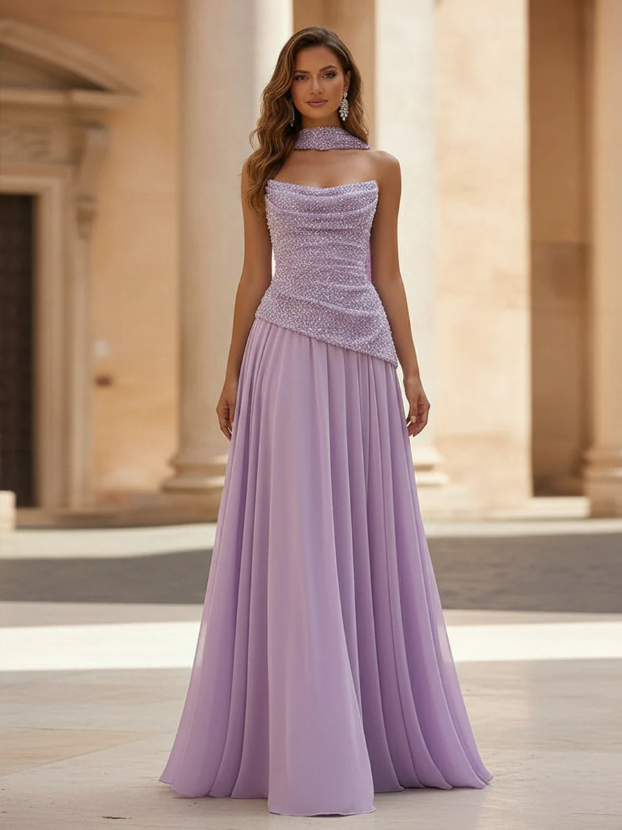 Chiffon A Line Strapless Sequin Prom Dresses