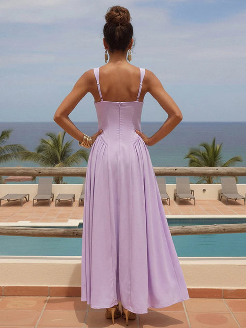 A Line Square Neck Sleeveless Tea Length Formal Dresses