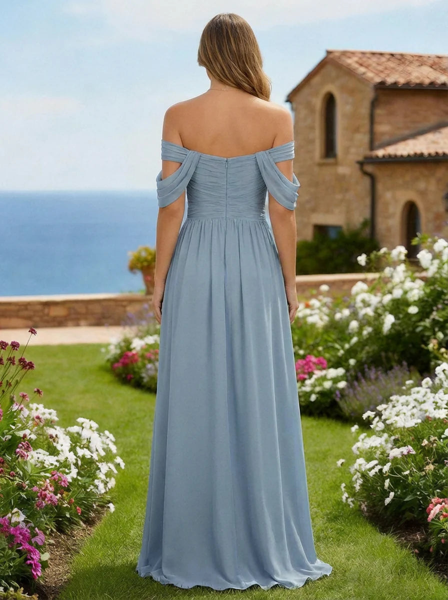 Chiffon Off the Shoulder Bridesmaid Dresses with Slit