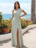 A Line One Shoulder Sleeveless Ruffled Bridesmaid Dresses with Slit Side