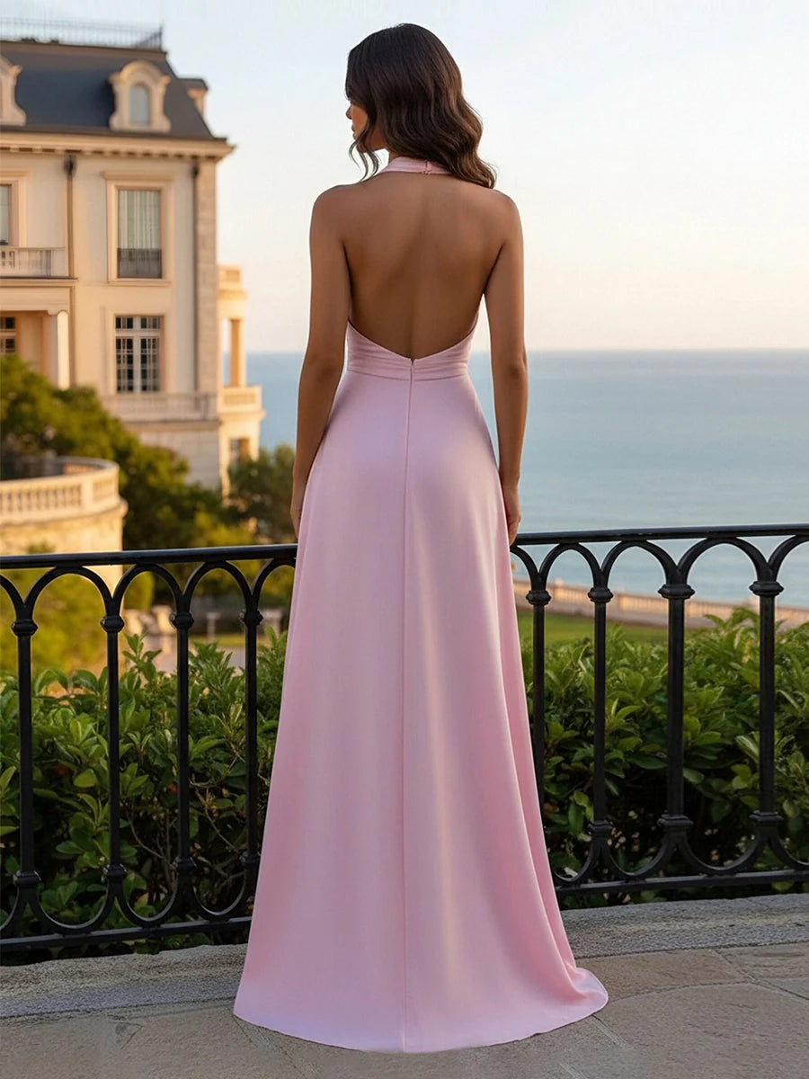 Halter Satin Cut Out A Line Prom Dresses