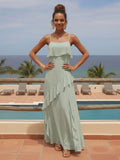 A Line Spaghetti Straps Sleeveless Long Ruffled Bridesmaid Dresses