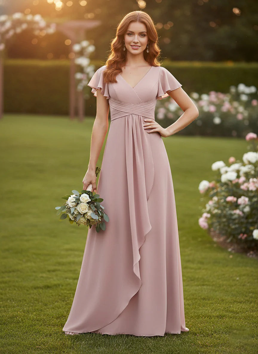 Chiffon A Line V Neck Ruffles Bridesmaid Dresses