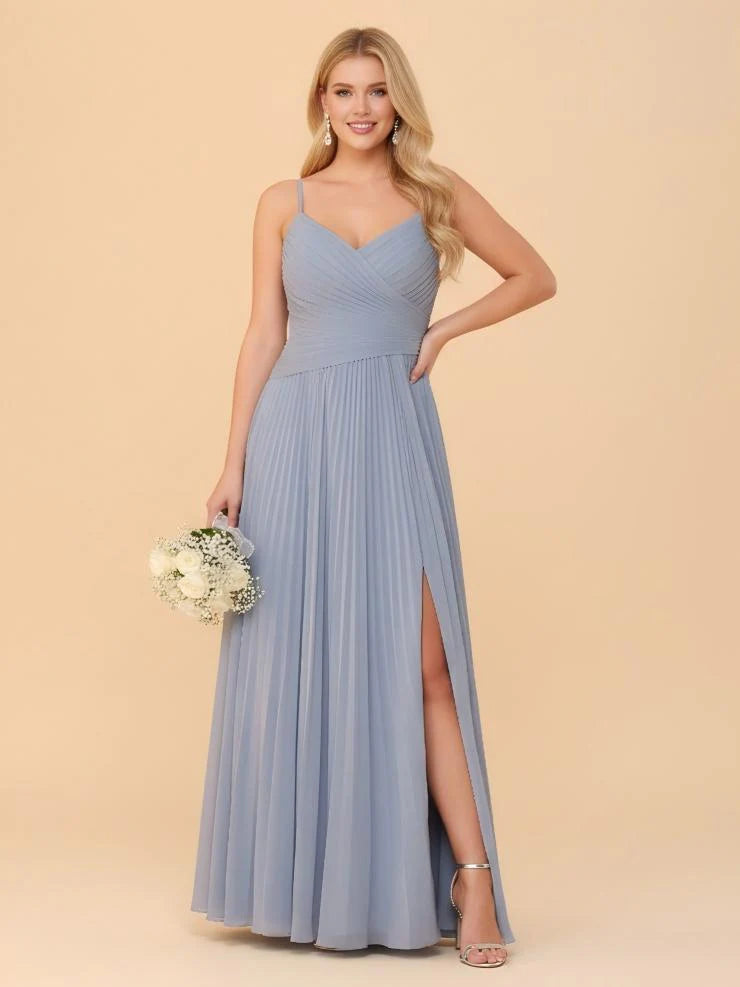 Spaghetti Straps V Neck Chiffon Bridesmaid Dresses with Slit
